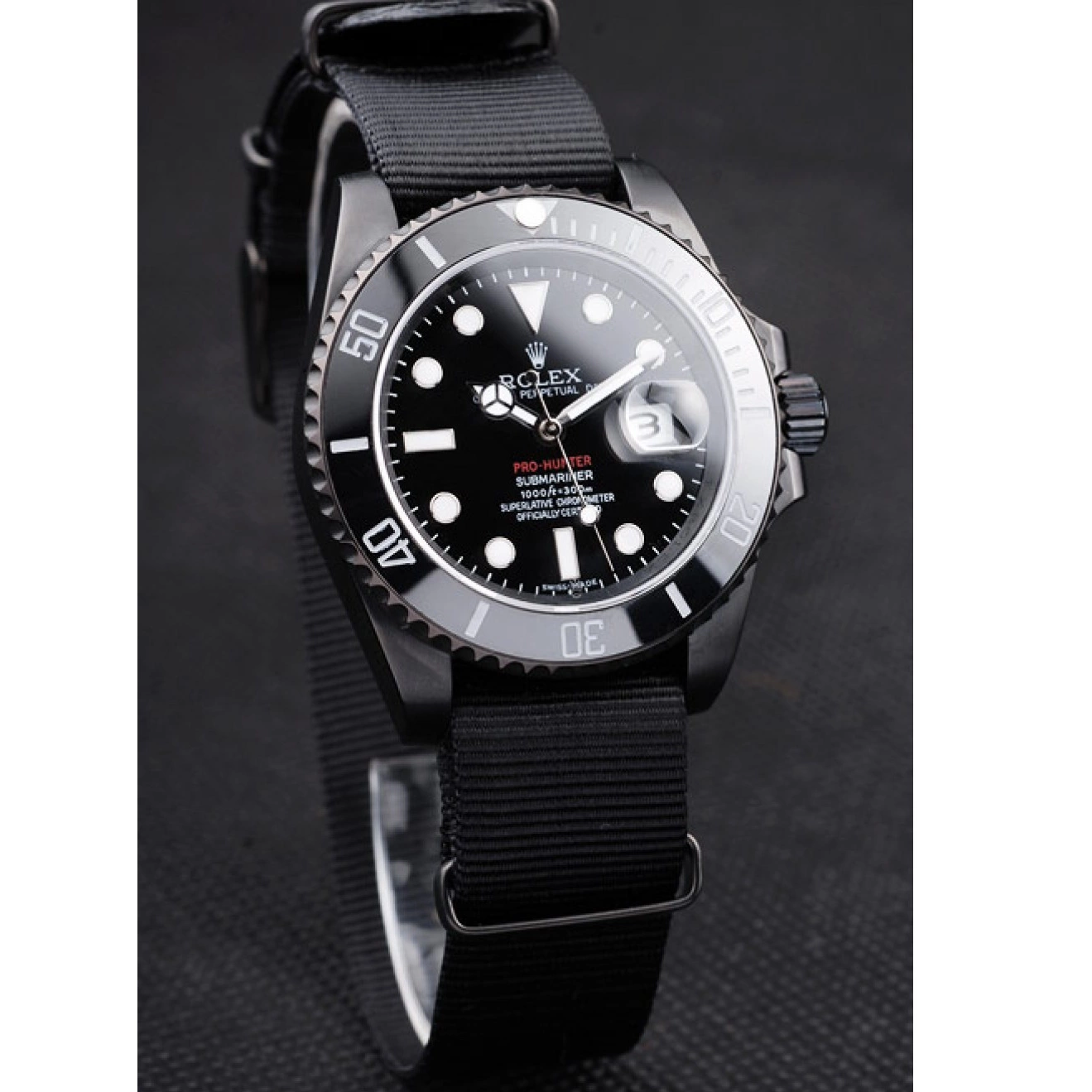 Aaa replica watch Submariner Fabric Black Black Rolex Dial Swiss Strap Pro-Hunter 0707